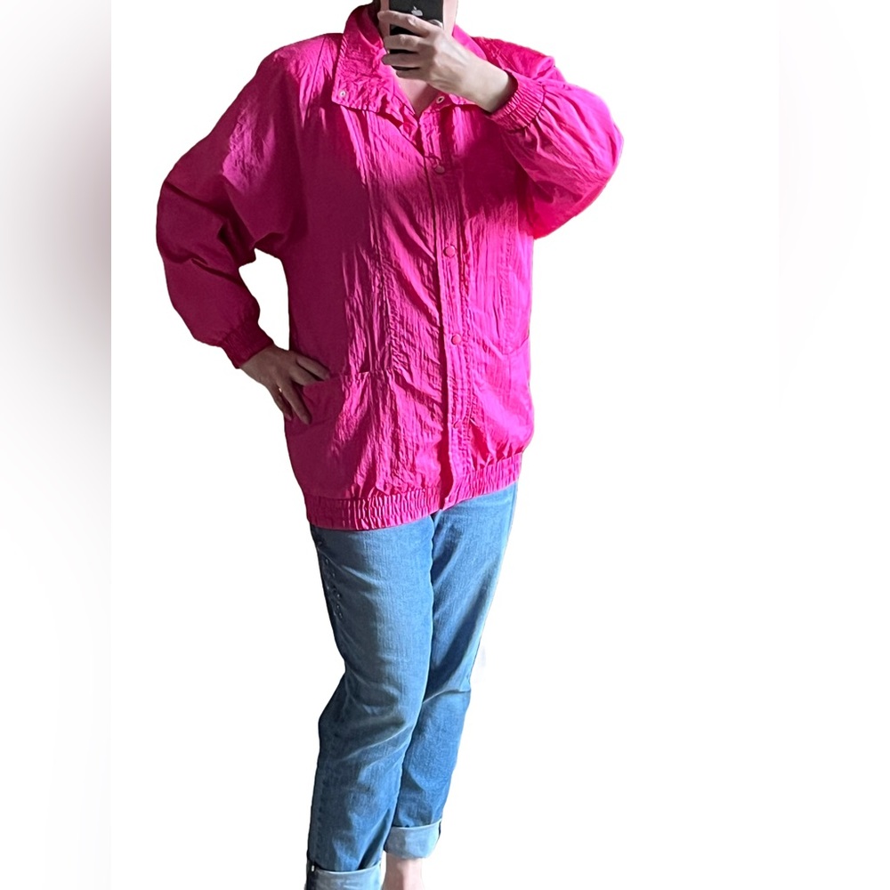 Vintage Hot Pink Parachute Windbreaker Jacket 80s Shoulder Pads Spencer Douglas